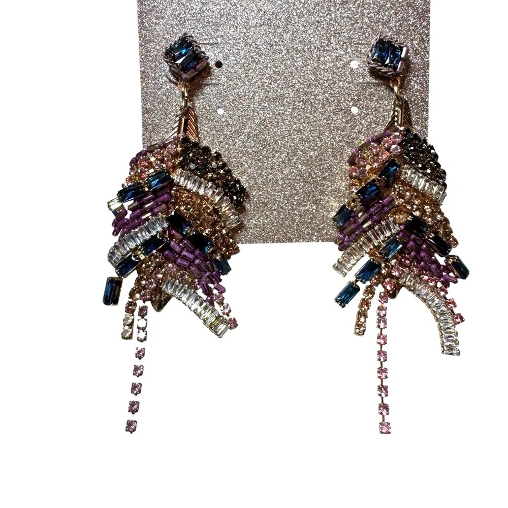 Natasha Couture Purple and Gold Beaded Feather Necklace:Earring Set, NWT - Picture 3 of 7